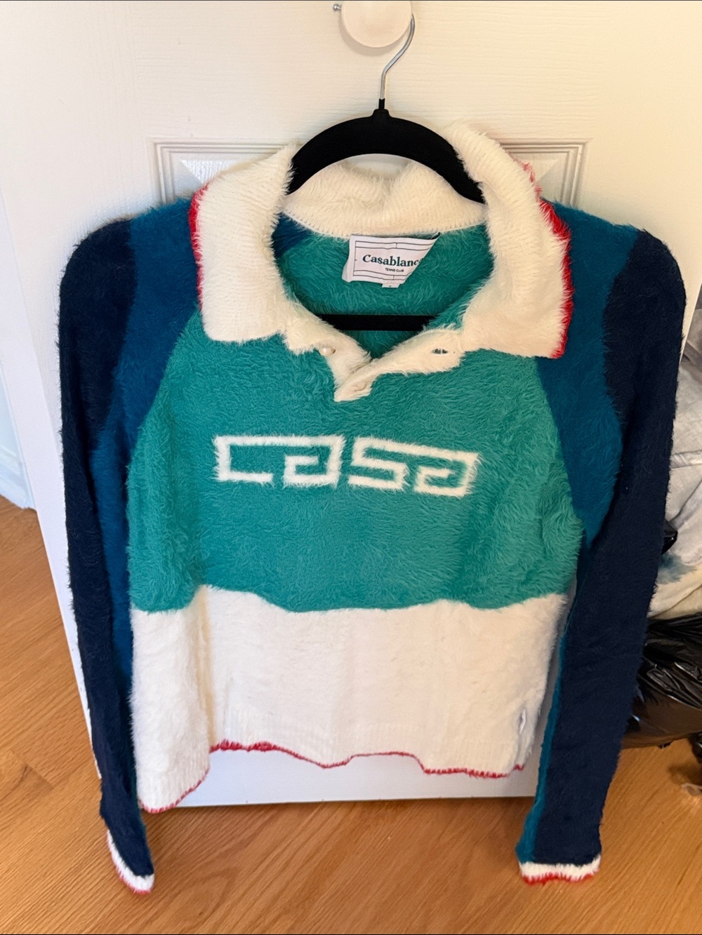 Men’s Authentic Casablanca Teal & White Fuzzy Logo Polo Sweater